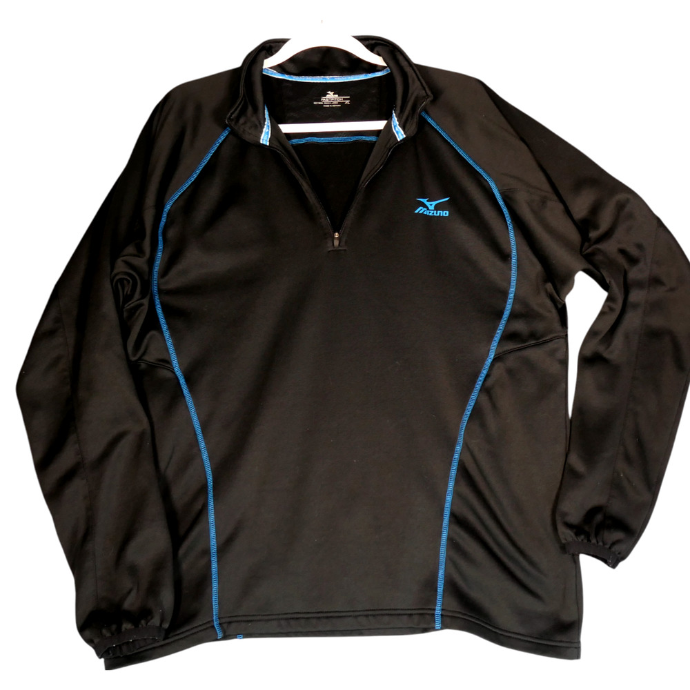 Mizuno Fleece Lined Jacket Womens XL Black Blue 1/4 Zip Pockets Athletic